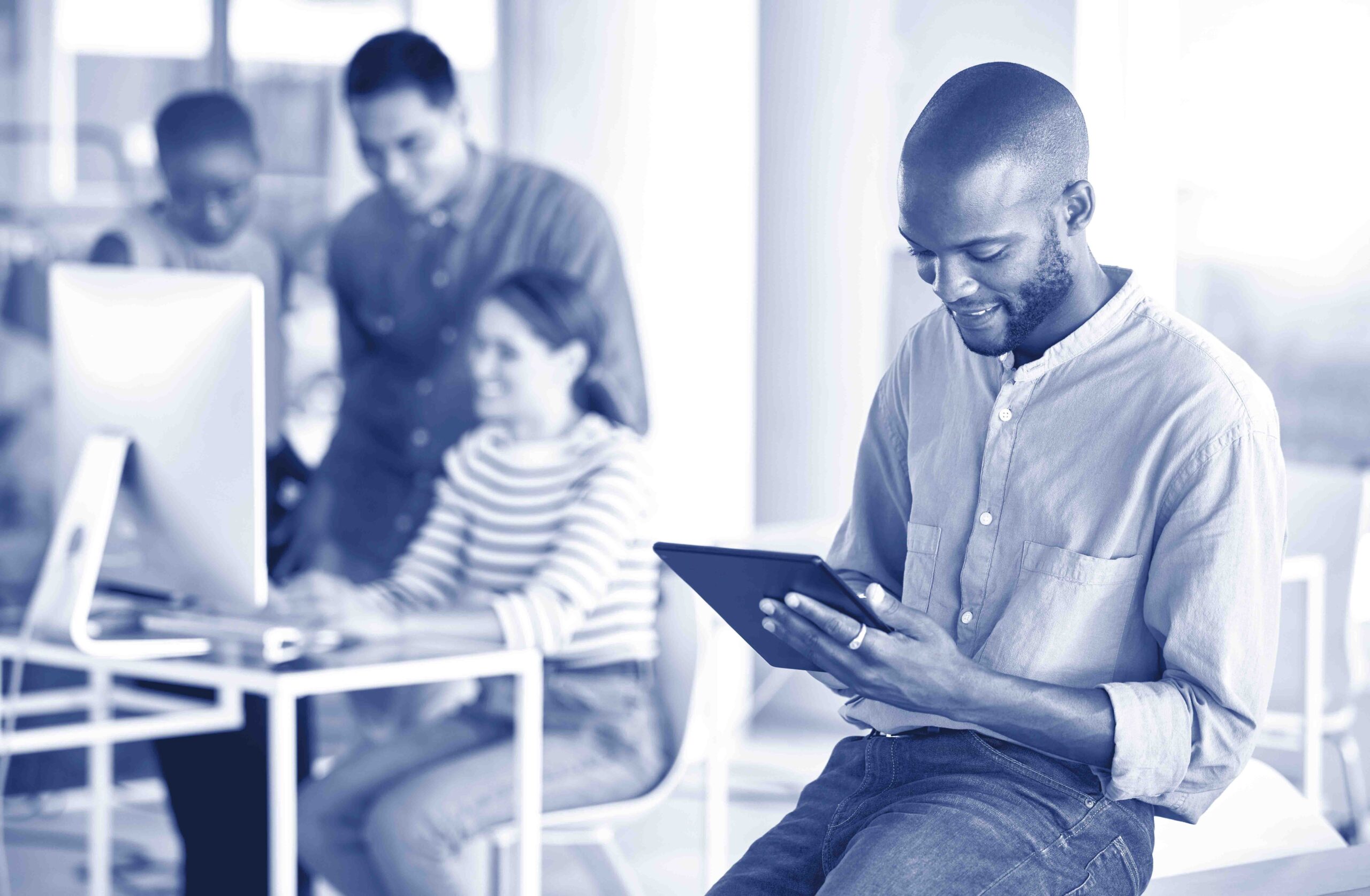 Business tablet, smile and black man, designer or creative in office workplace. Touchscreen, technology and African male professional on email app, graphic design research or reading website online.